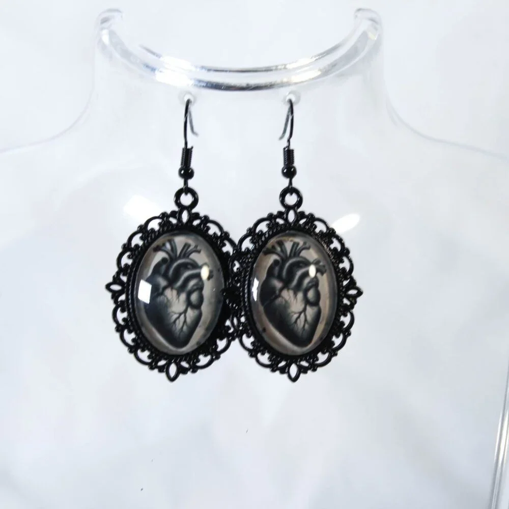 Gothic “Heart of the Hollow” Anatomical Heart Black Metal Cameo Earrings